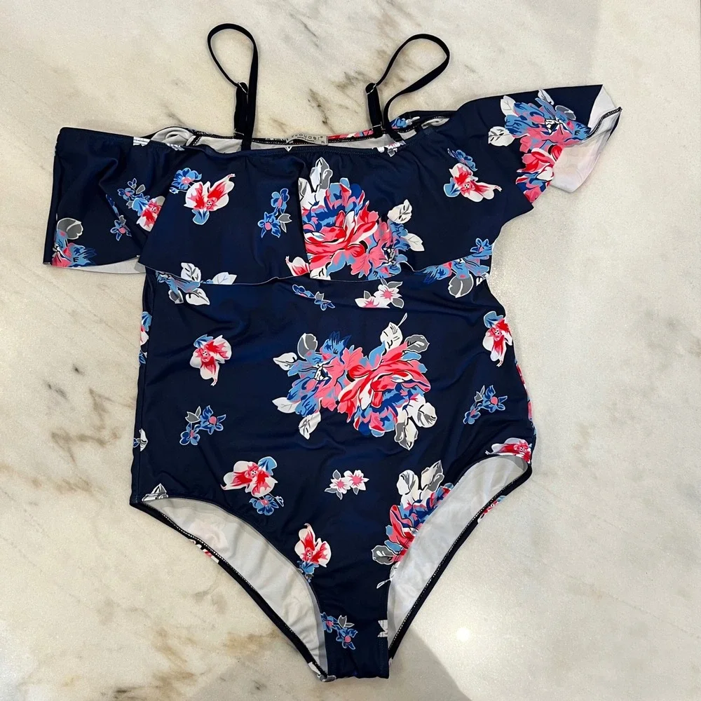 NWOT Floral Off-Shoulder Swimsuit XL One-Piece‎ Bathing Suit Navy